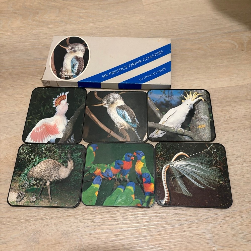Vintage Australian Birds Prestige Drink Coasters Set 6 Plastic Cork Backed